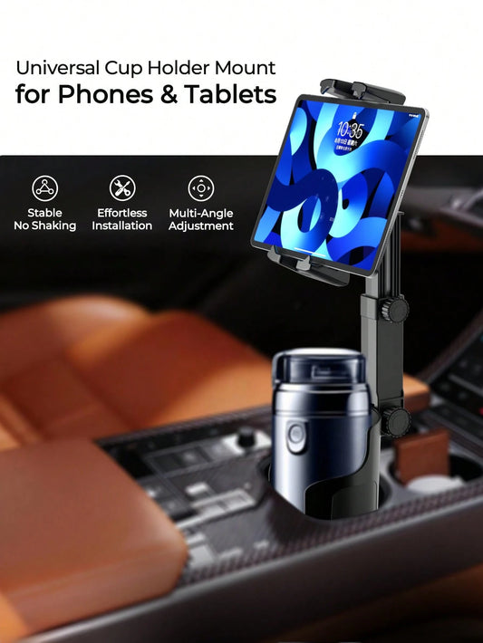 REMAX Adjustable Car Cup Holder Mount For 4.7-9.4 Inch Phones & Tablets, 360° Rotating Extendable Arm, Secure & Shake-Free Hold, Universal Expanding Base For 3.3-3.75 Inch Cup Holders, 1-Second Instal