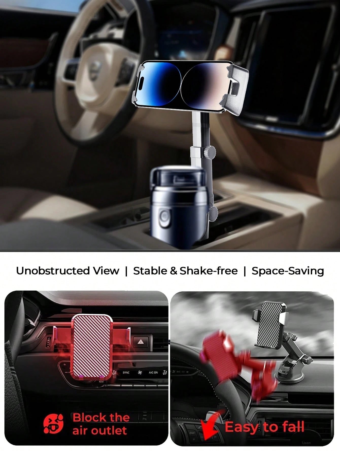 REMAX Adjustable Car Cup Holder Mount For 4.7-9.4 Inch Phones & Tablets, 360° Rotating Extendable Arm, Secure & Shake-Free Hold, Universal Expanding Base For 3.3-3.75 Inch Cup Holders, 1-Second Instal