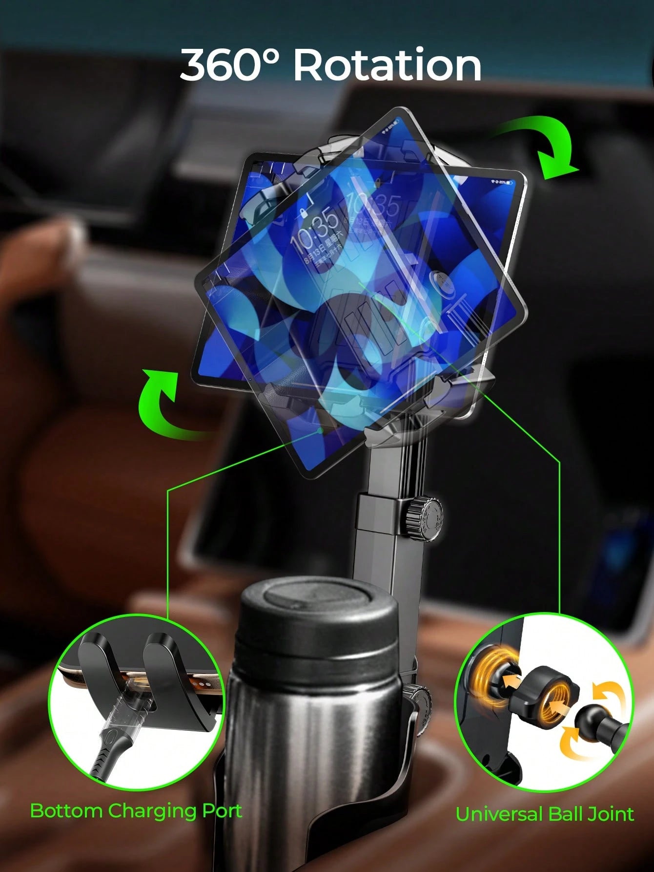 REMAX Adjustable Car Cup Holder Mount For 4.7-9.4 Inch Phones & Tablets, 360° Rotating Extendable Arm, Secure & Shake-Free Hold, Universal Expanding Base For 3.3-3.75 Inch Cup Holders, 1-Second Instal