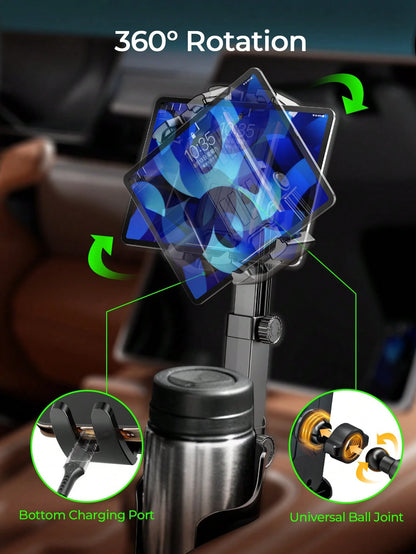 REMAX Adjustable Car Cup Holder Mount For 4.7-9.4 Inch Phones & Tablets, 360° Rotating Extendable Arm, Secure & Shake-Free Hold, Universal Expanding Base For 3.3-3.75 Inch Cup Holders, 1-Second Instal
