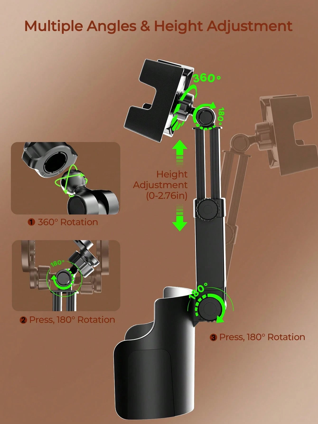 REMAX Adjustable Car Cup Holder Mount For 4.7-9.4 Inch Phones & Tablets, 360° Rotating Extendable Arm, Secure & Shake-Free Hold, Universal Expanding Base For 3.3-3.75 Inch Cup Holders, 1-Second Instal