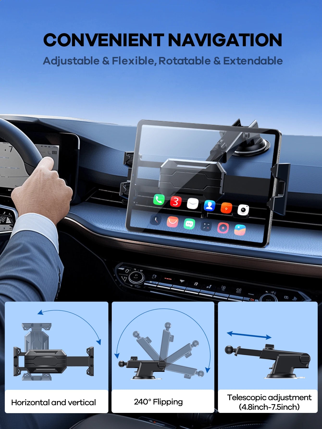 REMAX Universal 360° Rotating Car Phone/IPad Tablet Holder; 3-In-1 Multifunctional Design, Suitable For Dashboard, Air Vent And Windshield; Secure Grip; Car Travel Accessory; IPad Car Mount; Car Acces