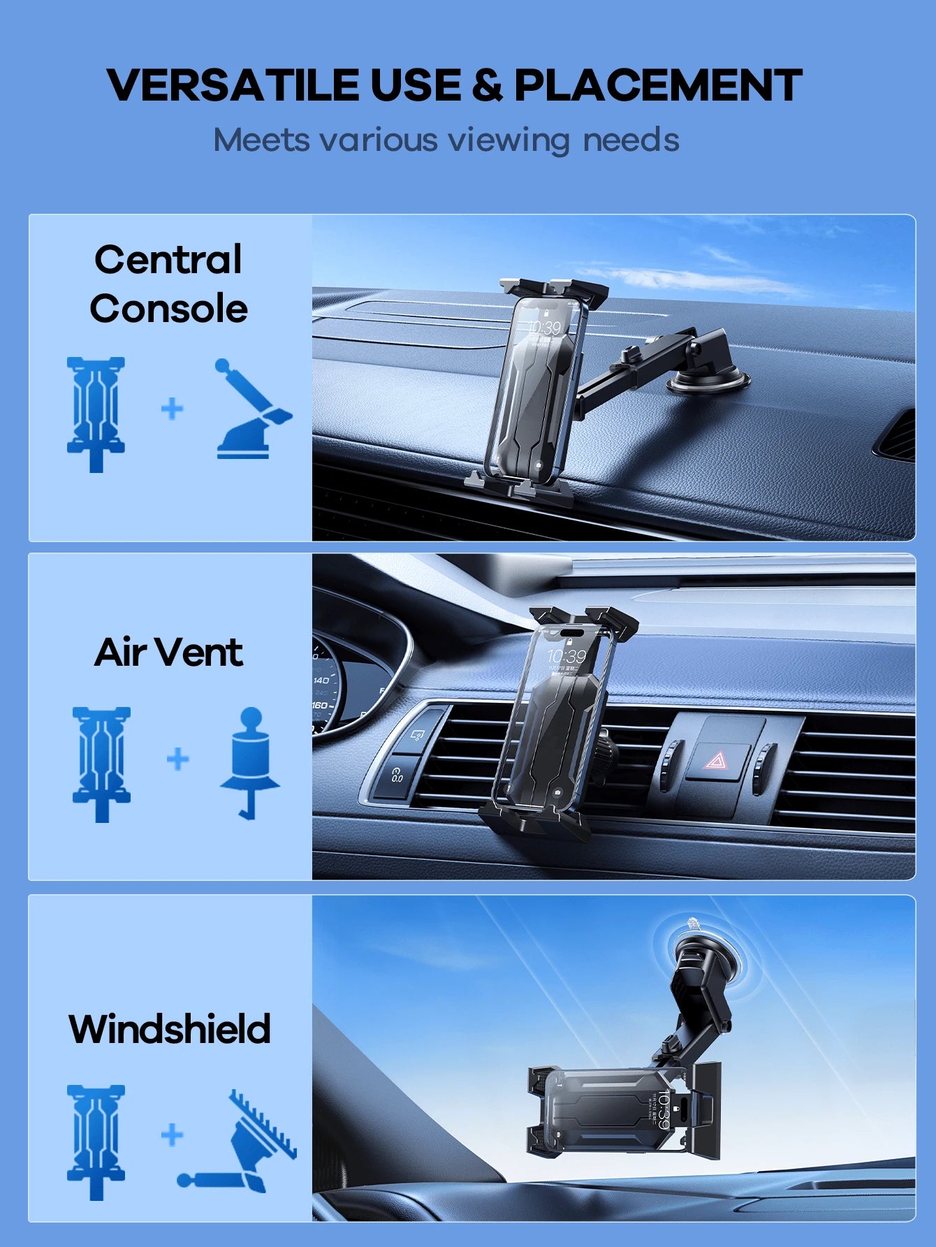 REMAX Universal 360° Rotating Car Phone/IPad Tablet Holder; 3-In-1 Multifunctional Design, Suitable For Dashboard, Air Vent And Windshield; Secure Grip; Car Travel Accessory; IPad Car Mount; Car Acces