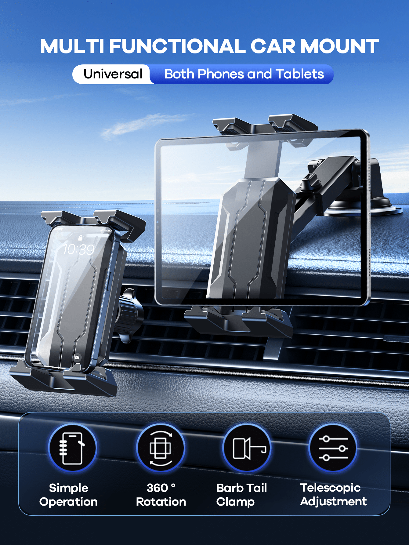 REMAX Universal 360° Rotating Car Phone/IPad Tablet Holder; 3-In-1 Multifunctional Design, Suitable For Dashboard, Air Vent And Windshield; Secure Grip; Car Travel Accessory; IPad Car Mount; Car Acces