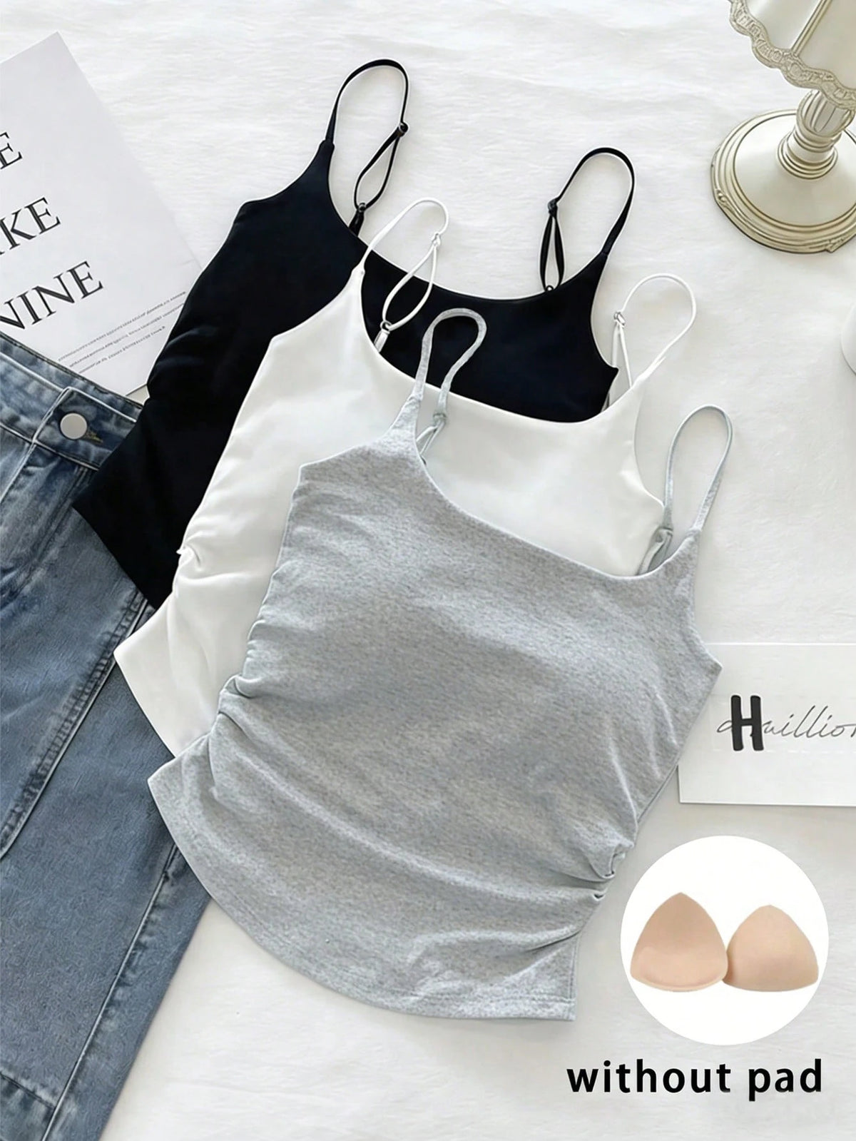 Resyla 3pcs Women Solid Color Pleated Casual Camisole Set