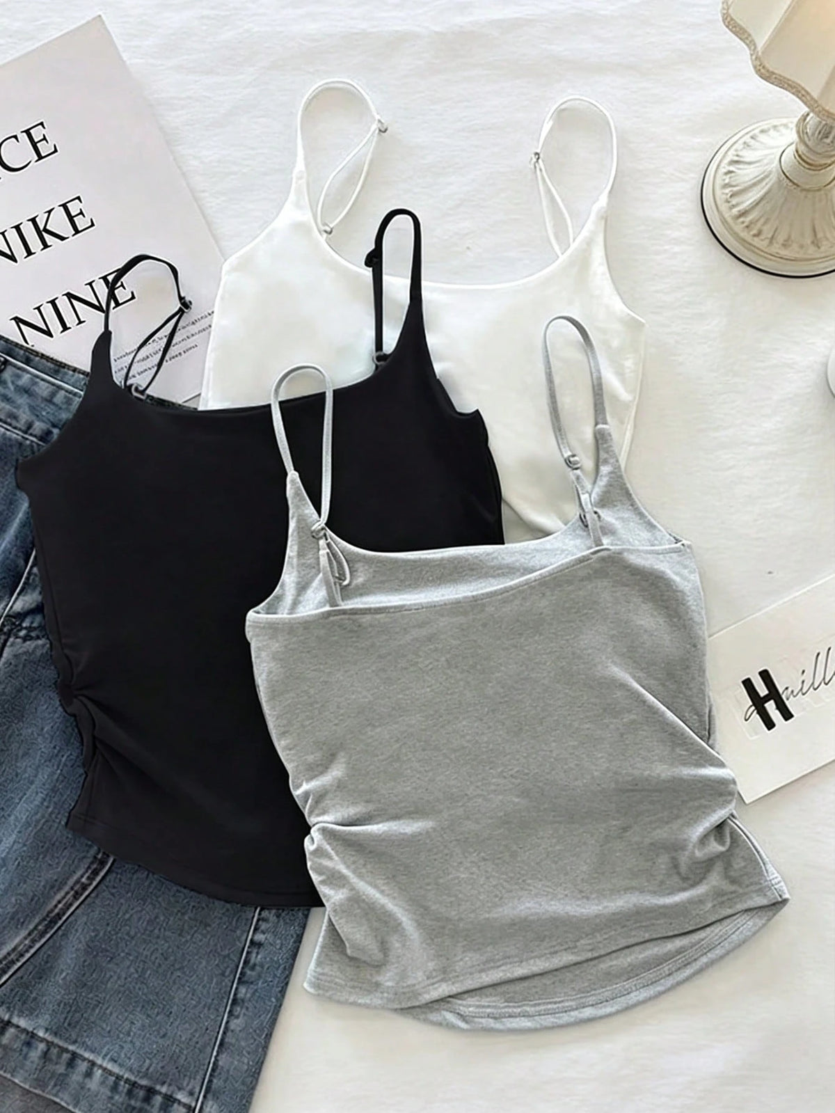 Resyla 3pcs Women Solid Color Pleated Casual Camisole Set