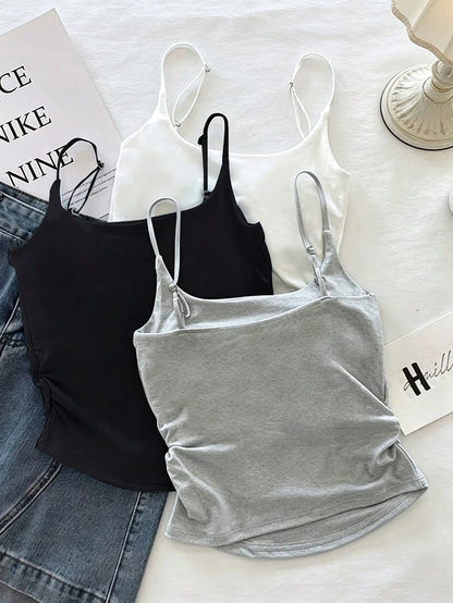 Resyla 3pcs Women Solid Color Pleated Casual Camisole Set