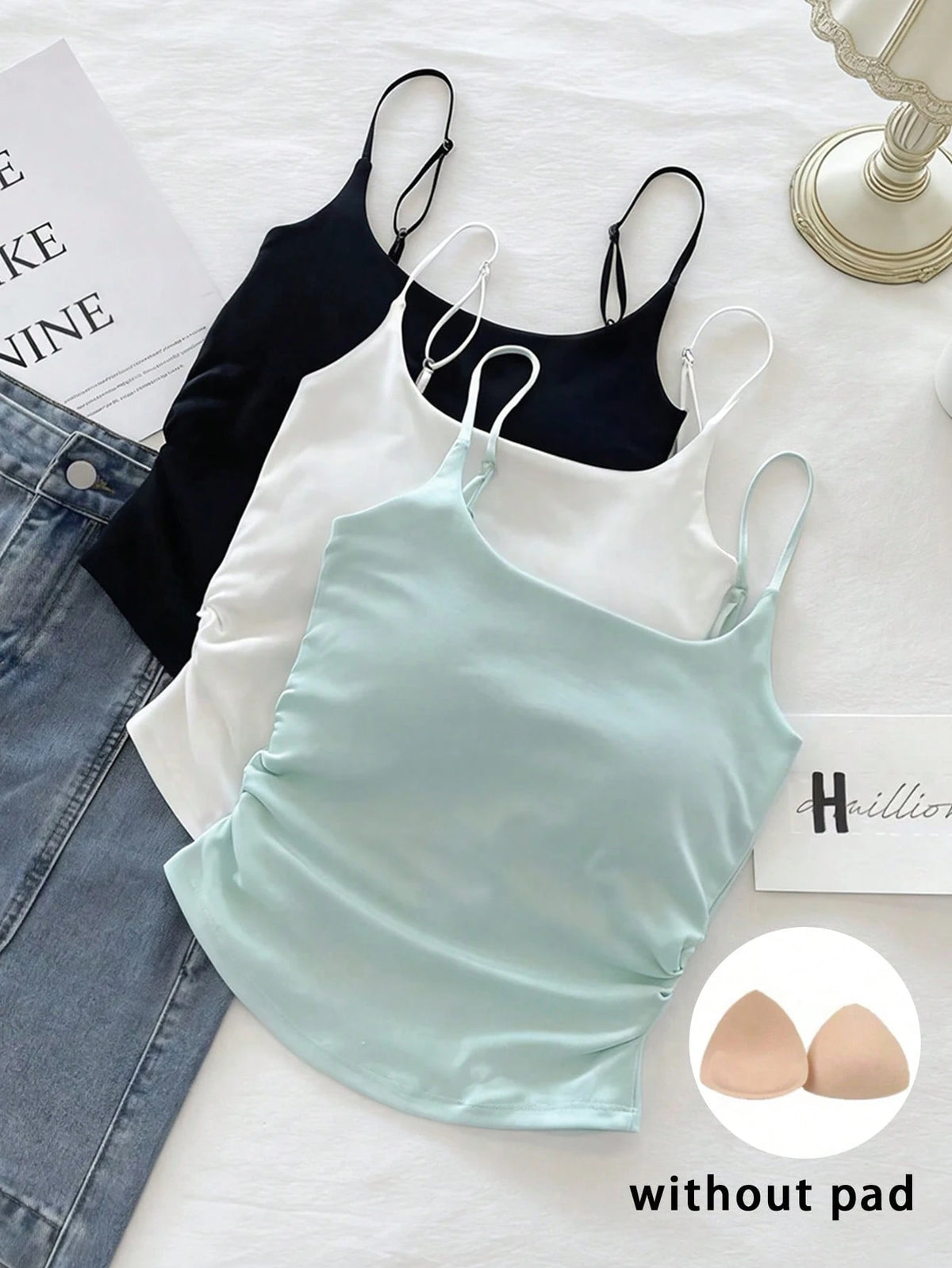 Resyla 3pcs Women Solid Color Pleated Casual Camisole Set
