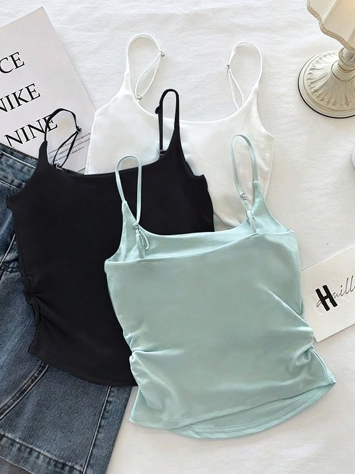 Resyla 3pcs Women Solid Color Pleated Casual Camisole Set