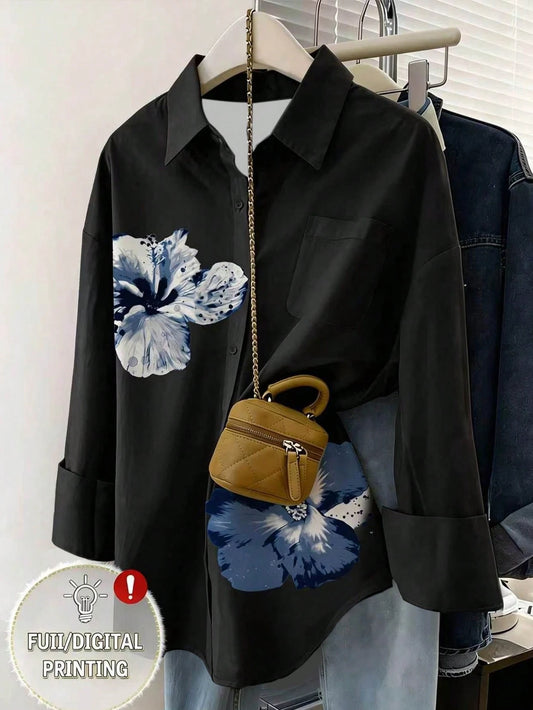 Resyla Digital Floral Print Women Casual Front Button Long Sleeve Shirt