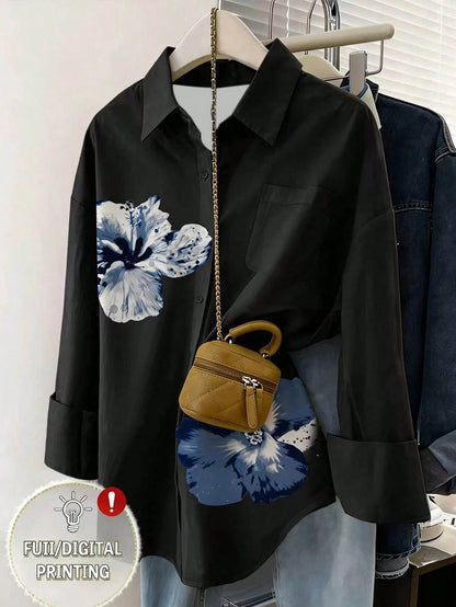 Resyla Digital Floral Print Women Casual Front Button Long Sleeve Shirt