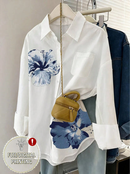 Resyla Digital Floral Print Women Casual Front Button Long Sleeve Shirt