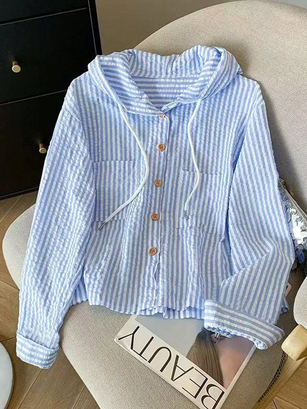 Resyla New Arrival Loose Fit Blue Striped Hooded Plus Size Sun Protection Shirt Fall