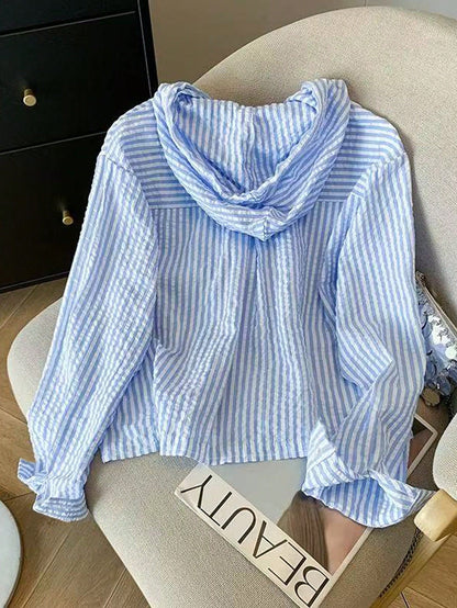 Resyla New Arrival Loose Fit Blue Striped Hooded Plus Size Sun Protection Shirt Fall