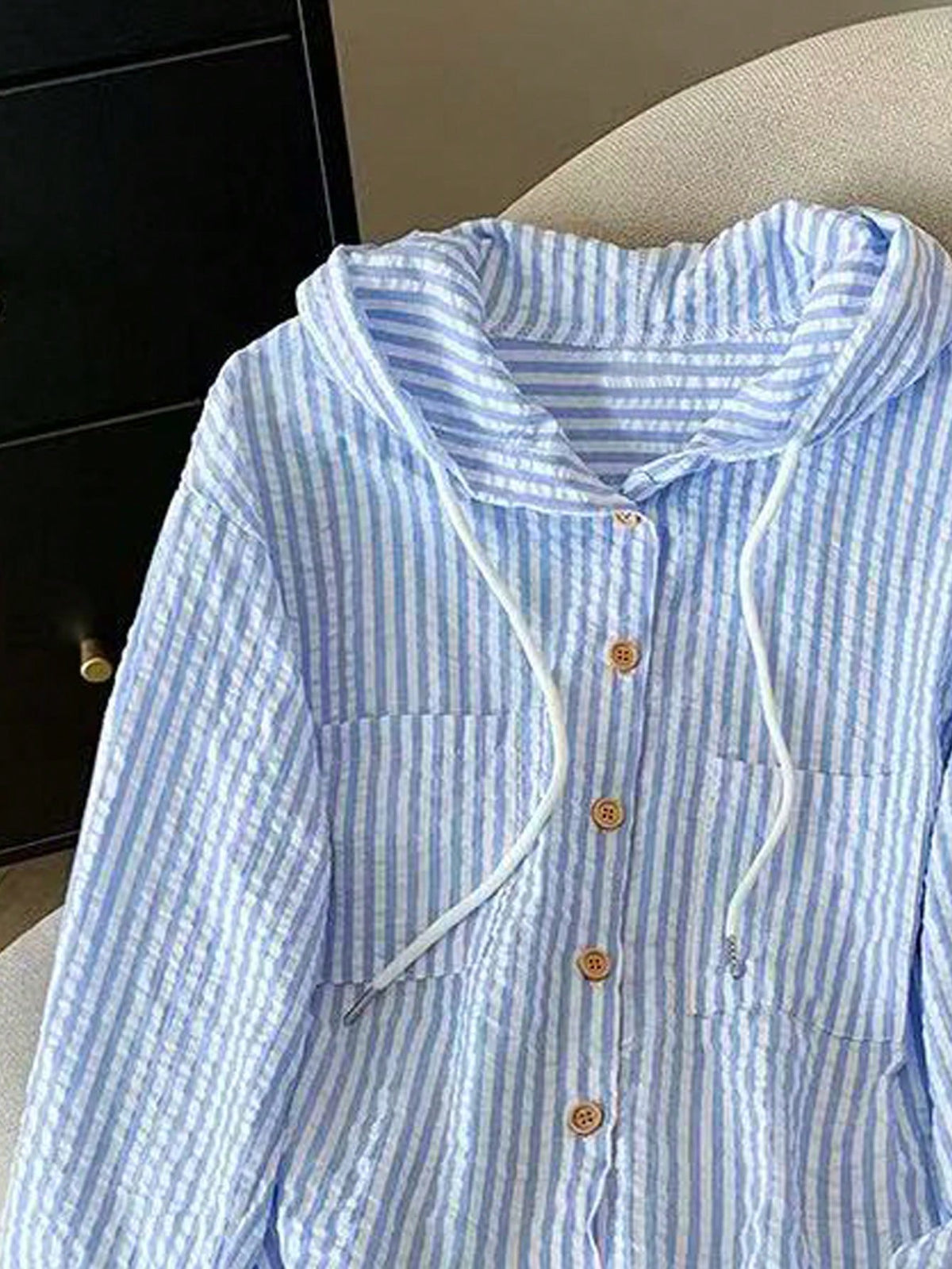 Resyla New Arrival Loose Fit Blue Striped Hooded Plus Size Sun Protection Shirt Fall
