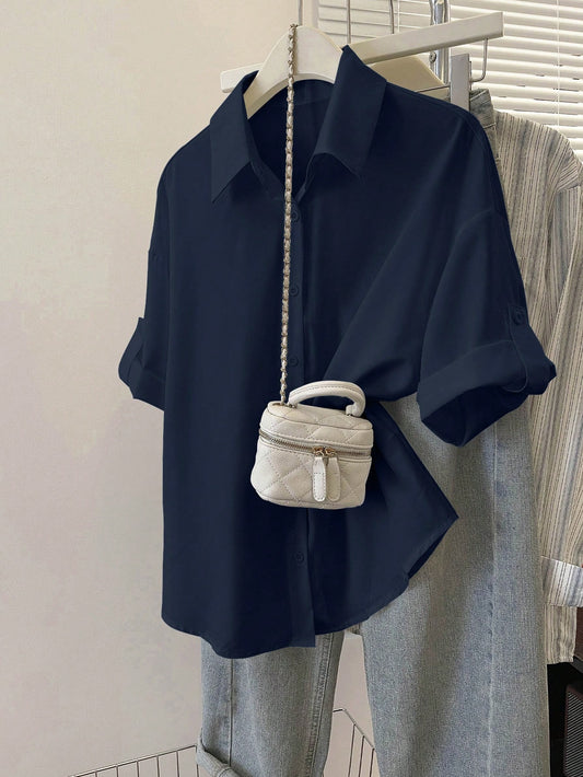 Resyla Women's Casual Minimalist Solid Color Front Button Long Sleeve Shirt Office Navy Blue Summer
