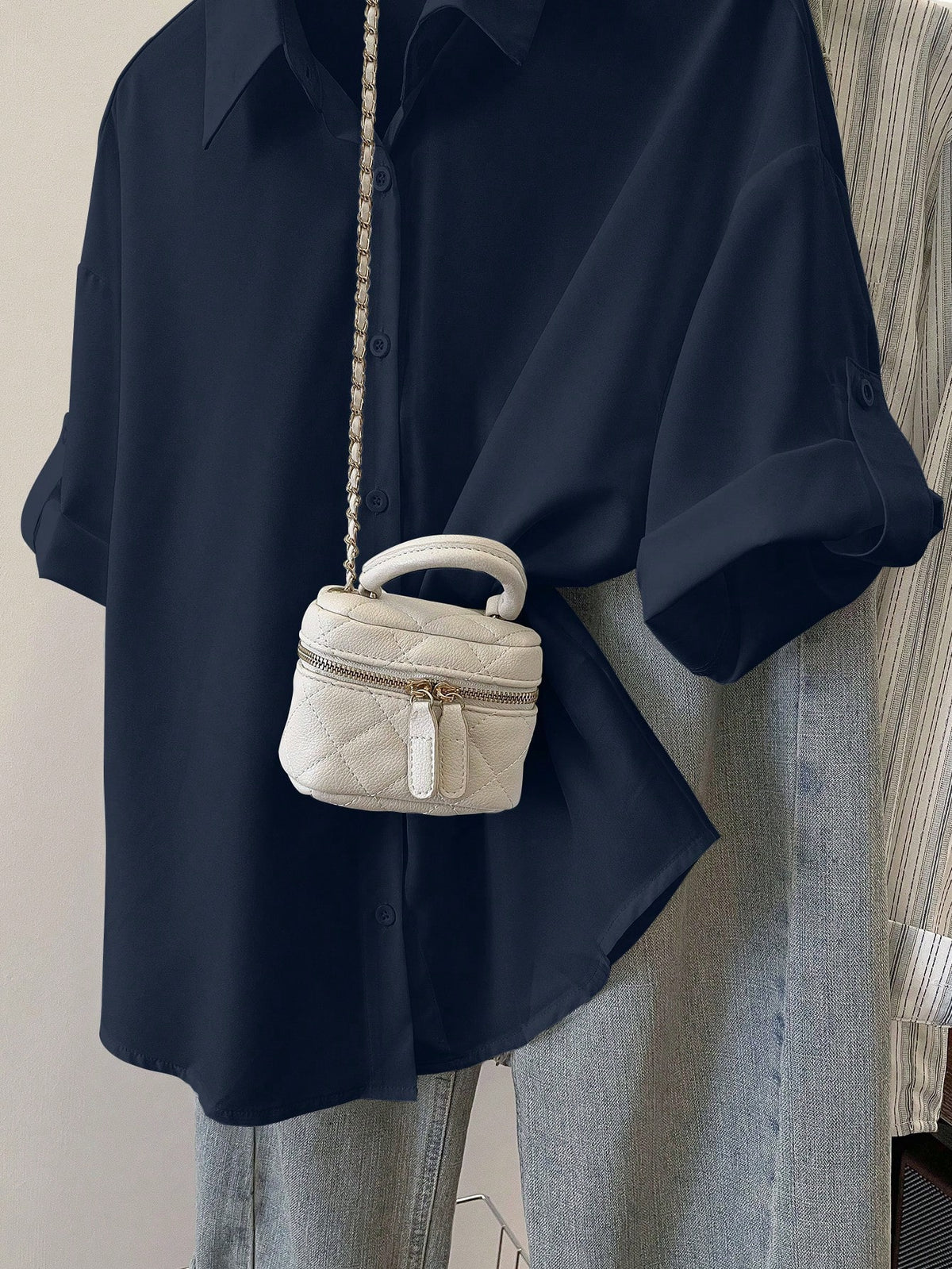 Resyla Women's Casual Minimalist Solid Color Front Button Long Sleeve Shirt Office Navy Blue Summer
