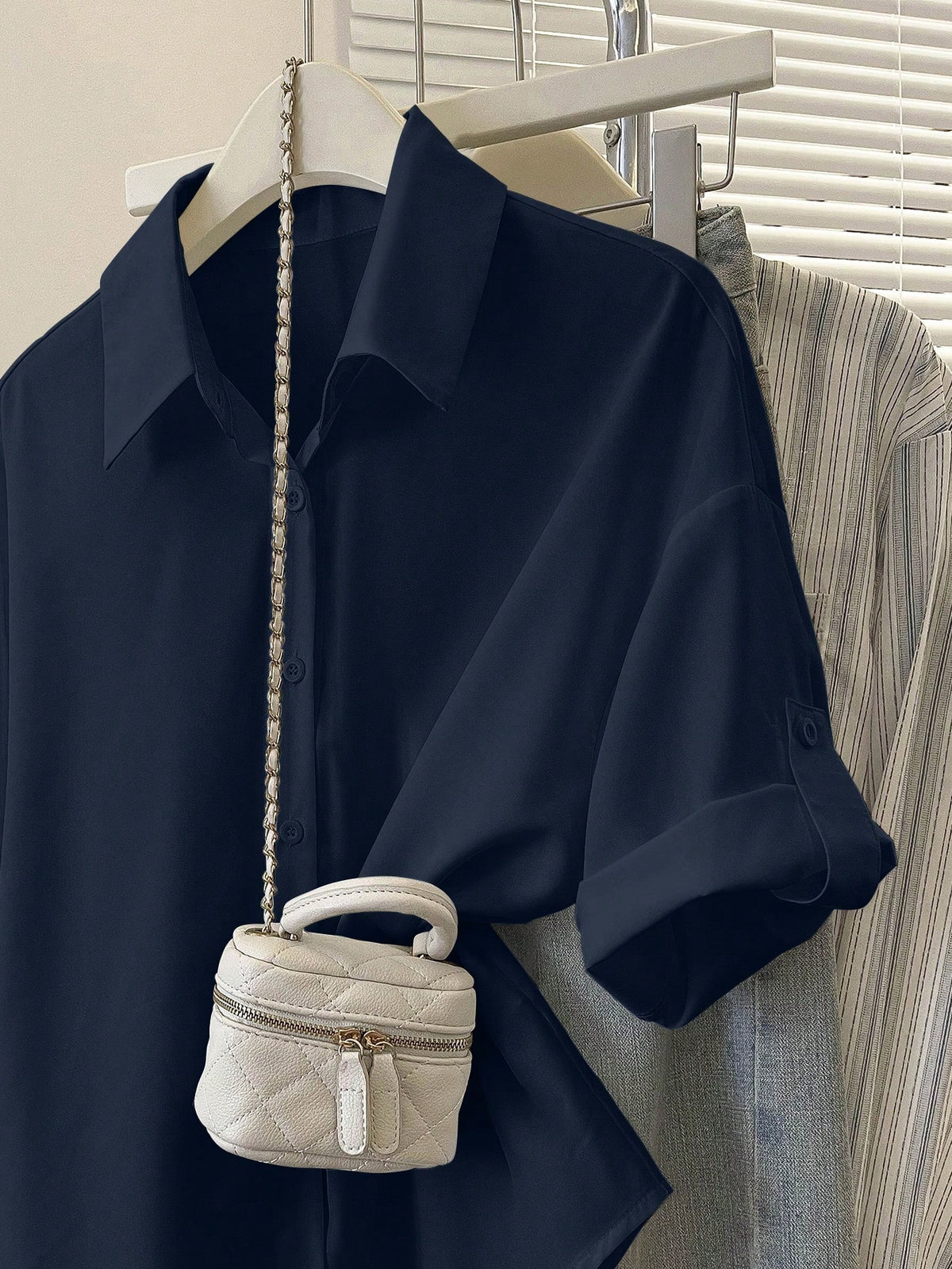Resyla Women's Casual Minimalist Solid Color Front Button Long Sleeve Shirt Office Navy Blue Summer
