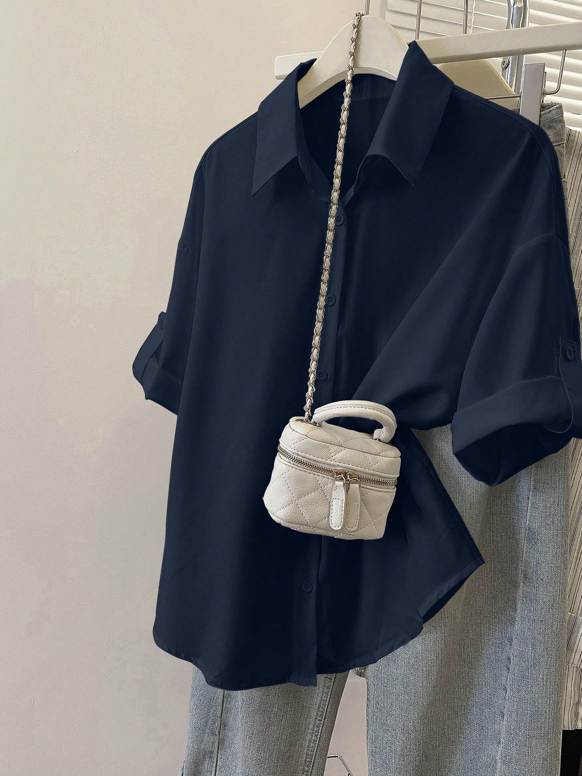 Resyla Women's Casual Minimalist Solid Color Front Button Long Sleeve Shirt Office Navy Blue Summer