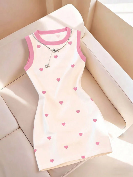 Resyla Women's Spring/Summer New Arrival Heart Print Round Neck Fitted Camisole Dress