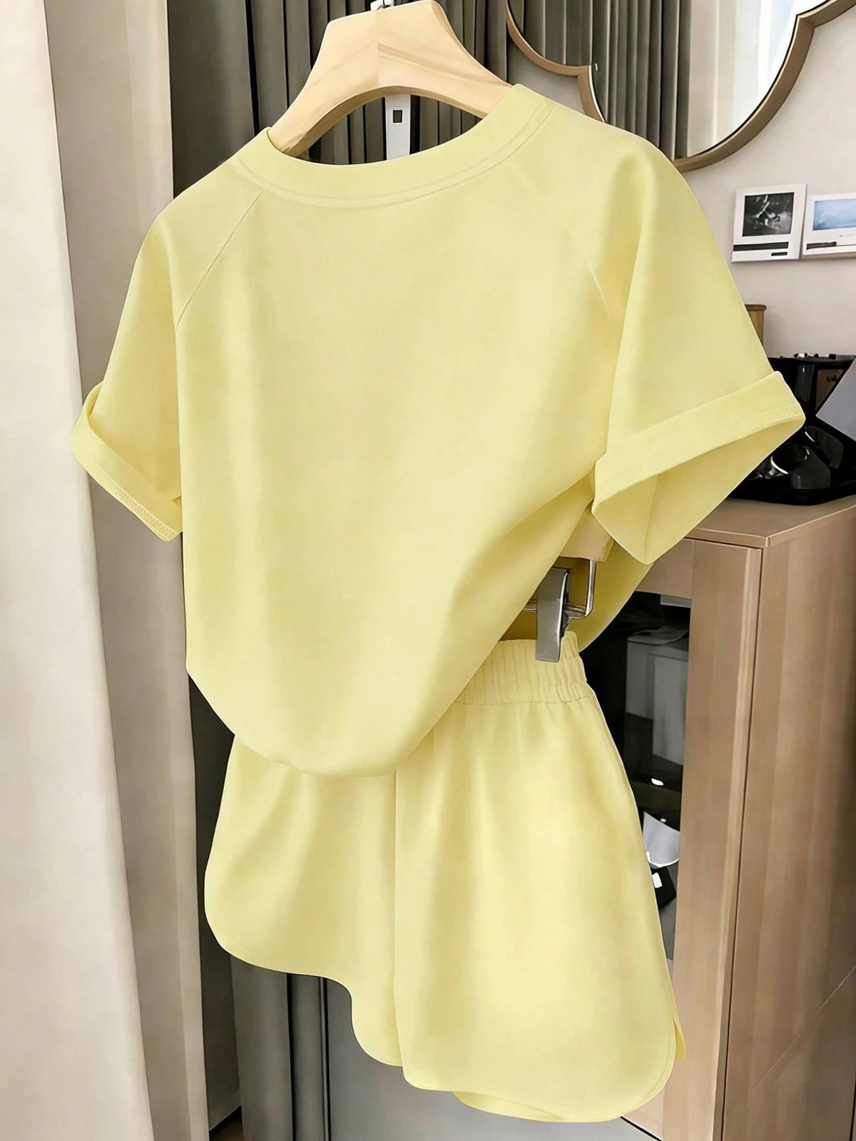 Resyla Women's T-Shirt And Shorts Set, Solid Yellow, Summer Casual Wear, Graphic Design, Elegant, Versatile, Daily, Outdoor, Shopping, Travel