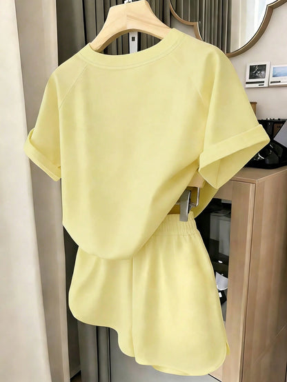 Resyla Women's T-Shirt And Shorts Set, Solid Yellow, Summer Casual Wear, Graphic Design, Elegant, Versatile, Daily, Outdoor, Shopping, Travel