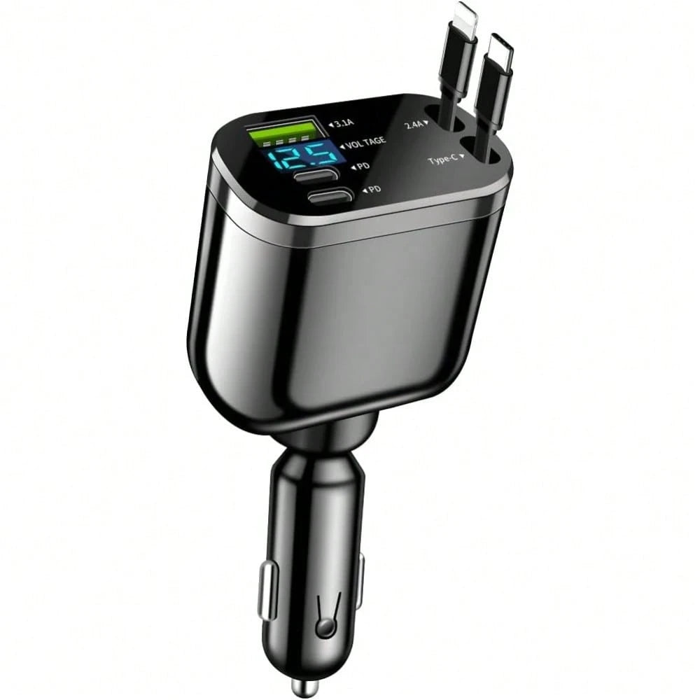Retractable Car Charger, 4 In 1 Super Fast Vehicle Phone Charger Adapter, Auto Cellphone Charging Accessories With Dual Type C Cables & 2 USB Ports, Universal For SUV,Car Acessesories,Car Decor,Car St