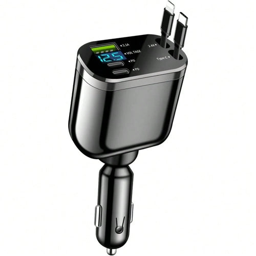 Retractable Car Charger, 4 In 1 Super Fast Vehicle Phone Charger Adapter, Auto Cellphone Charging Accessories With Dual Type C Cables & 2 USB Ports, Universal For SUV,Car Acessesories,Car Decor,Car St