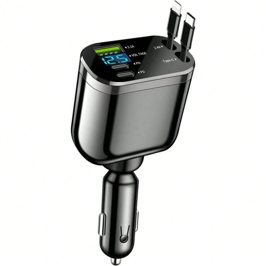 Retractable Car Charger, 4 In 1 Super Fast Vehicle Phone Charger Adapter, Auto Cellphone Charging Accessories With Dual Type C Cables & 2 USB Ports, Universal For SUV,Car Acessesories,Car Decor,Car St