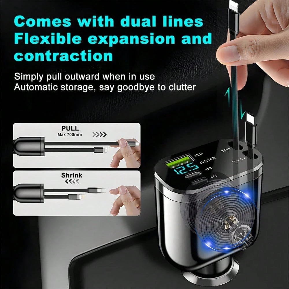 Retractable Car Charger, 4 In 1 Super Fast Vehicle Phone Charger Adapter, Auto Cellphone Charging Accessories With Dual Type C Cables & 2 USB Ports, Universal For SUV,Car Acessesories,Car Decor,Car St