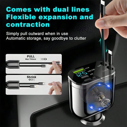 Retractable Car Charger, 4 In 1 Super Fast Vehicle Phone Charger Adapter, Auto Cellphone Charging Accessories With Dual Type C Cables & 2 USB Ports, Universal For SUV,Car Acessesories,Car Decor,Car St