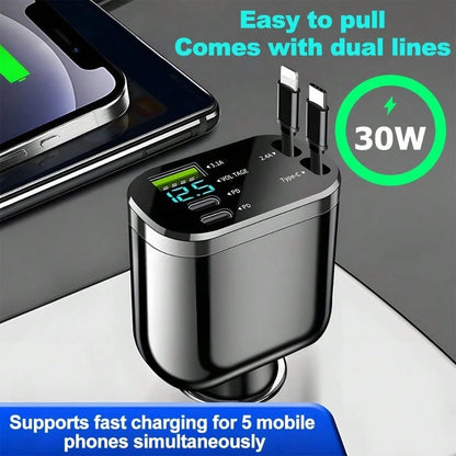 Retractable Car Charger, 4 In 1 Super Fast Vehicle Phone Charger Adapter, Auto Cellphone Charging Accessories With Dual Type C Cables & 2 USB Ports, Universal For SUV,Car Acessesories,Car Decor,Car St