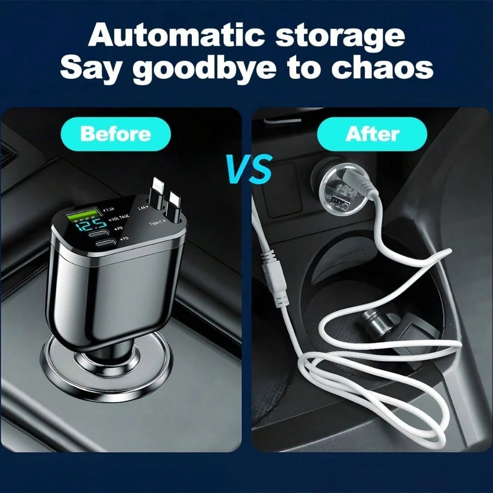 Retractable Car Charger, 4 In 1 Super Fast Vehicle Phone Charger Adapter, Auto Cellphone Charging Accessories With Dual Type C Cables & 2 USB Ports, Universal For SUV,Car Acessesories,Car Decor,Car St