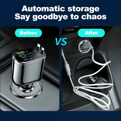 Retractable Car Charger, 4 In 1 Super Fast Vehicle Phone Charger Adapter, Auto Cellphone Charging Accessories With Dual Type C Cables & 2 USB Ports, Universal For SUV,Car Acessesories,Car Decor,Car St