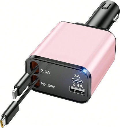 Retractable Car Charger, 4 In 1 Super Fast Vehicle Phone Charger Adapter, Auto Cellphone Charging Accessories With Dual Type C Cables & 2 USB Ports, Universal For SUV,Car Acessesories,Car Decor,Car St