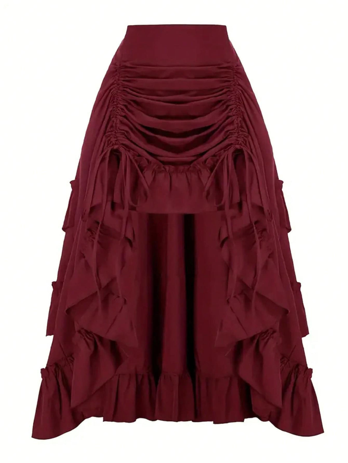 Retro American High Waist Ruched Ruffled Hem Skirt, Asymmetrical Layered Mid-Length Skirt, Y2K Goth Slim Fit Skirt, Spring/Summer Asymmetrical Ruched Gothic Style Skirt