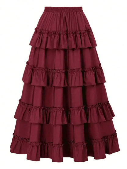 Retro American High Waist Ruched Ruffled Hem Skirt, Asymmetrical Layered Mid-Length Skirt, Y2K Goth Slim Fit Skirt, Spring/Summer Asymmetrical Ruched Gothic Style Skirt