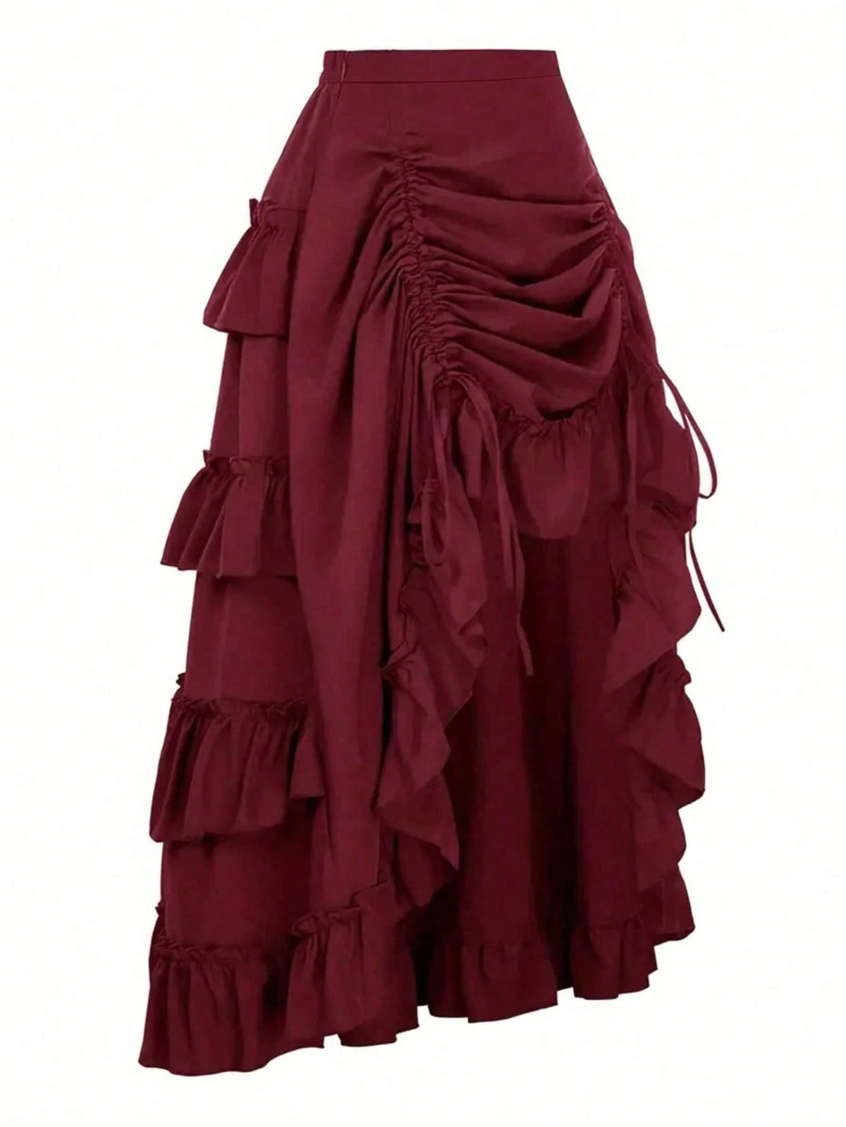 Retro American High Waist Ruched Ruffled Hem Skirt, Asymmetrical Layered Mid-Length Skirt, Y2K Goth Slim Fit Skirt, Spring/Summer Asymmetrical Ruched Gothic Style Skirt