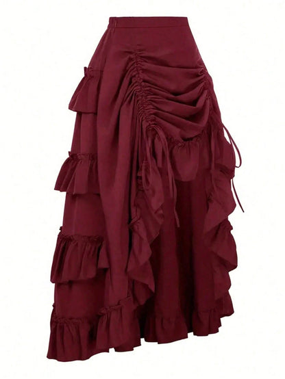 Retro American High Waist Ruched Ruffled Hem Skirt, Asymmetrical Layered Mid-Length Skirt, Y2K Goth Slim Fit Skirt, Spring/Summer Asymmetrical Ruched Gothic Style Skirt
