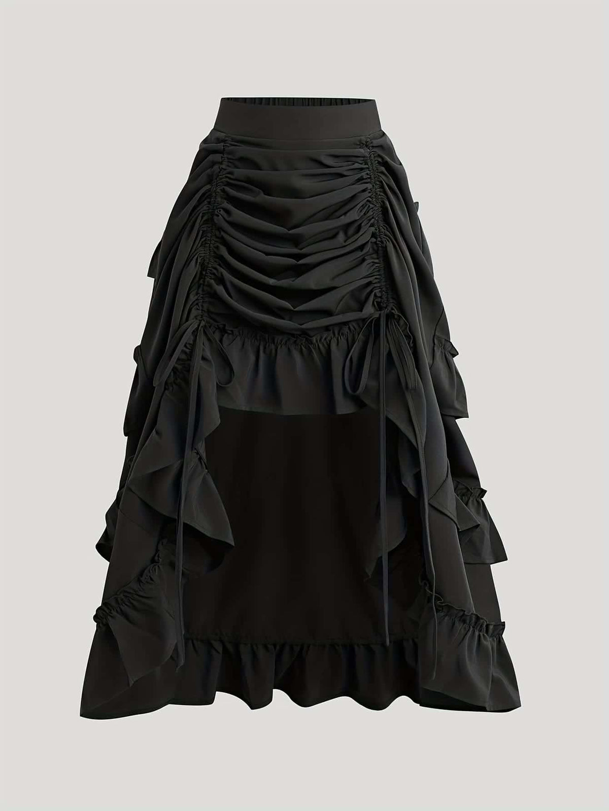 Retro American High Waist Ruched Ruffled Hem Skirt, Asymmetrical Layered Mid-Length Skirt, Y2K Goth Slim Fit Skirt, Spring/Summer Asymmetrical Ruched Gothic Style Skirt