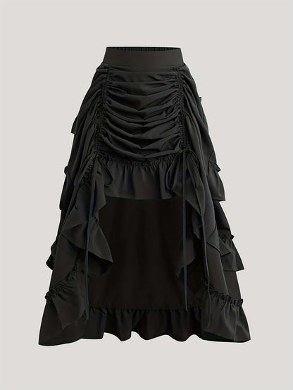 Retro American High Waist Ruched Ruffled Hem Skirt, Asymmetrical Layered Mid-Length Skirt, Y2K Goth Slim Fit Skirt, Spring/Summer Asymmetrical Ruched Gothic Style Skirt