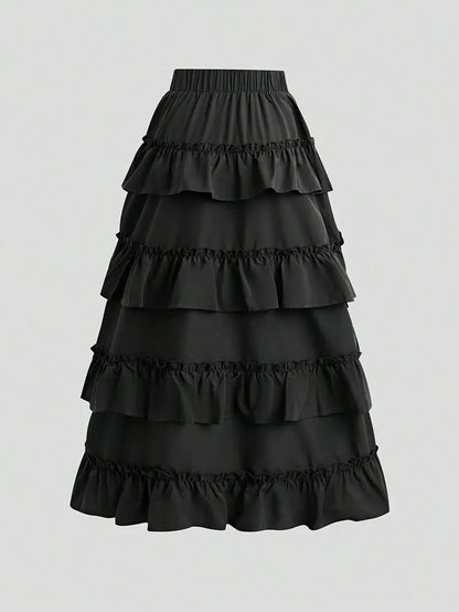 Retro American High Waist Ruched Ruffled Hem Skirt, Asymmetrical Layered Mid-Length Skirt, Y2K Goth Slim Fit Skirt, Spring/Summer Asymmetrical Ruched Gothic Style Skirt