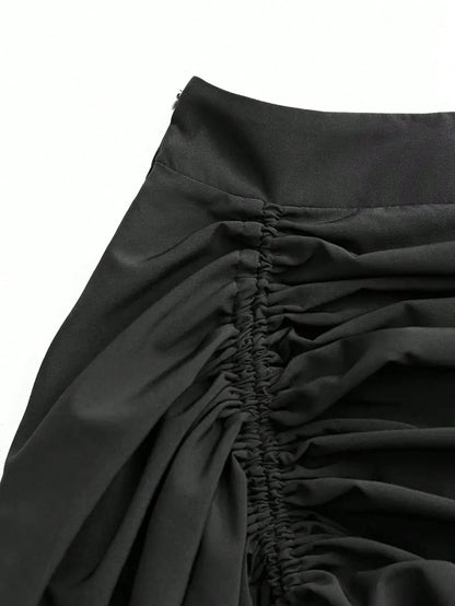 Retro American High Waist Ruched Ruffled Hem Skirt, Asymmetrical Layered Mid-Length Skirt, Y2K Goth Slim Fit Skirt, Spring/Summer Asymmetrical Ruched Gothic Style Skirt