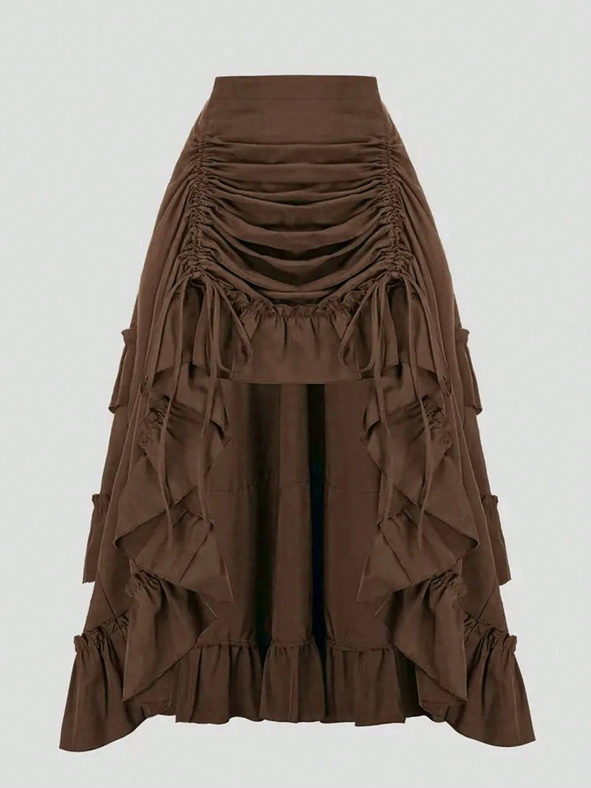 Retro American High Waist Ruched Ruffled Hem Skirt, Asymmetrical Layered Mid-Length Skirt, Y2K Goth Slim Fit Skirt, Spring/Summer Asymmetrical Ruched Gothic Style Skirt