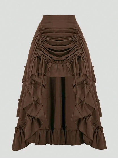 Retro American High Waist Ruched Ruffled Hem Skirt, Asymmetrical Layered Mid-Length Skirt, Y2K Goth Slim Fit Skirt, Spring/Summer Asymmetrical Ruched Gothic Style Skirt