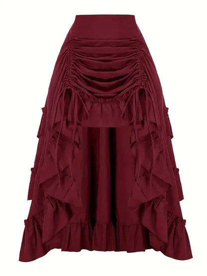 Retro American High Waist Ruched Ruffled Hem Skirt, Asymmetrical Layered Mid-Length Skirt, Y2K Goth Slim Fit Skirt, Spring/Summer Asymmetrical Ruched Gothic Style Skirt