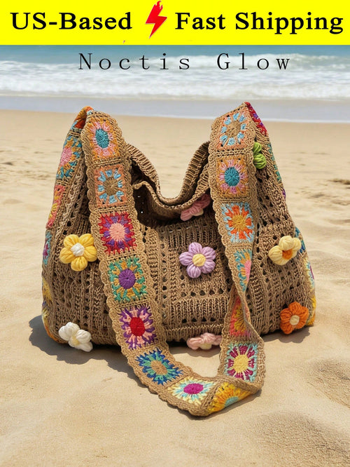 Retro Hand-Crocheted Crossbody Bag Bohemian Hollow-Out Floral Contrast Color Tote Bag Large Capacity Beach Bag Functional Boho Bag For Shopping Travel
