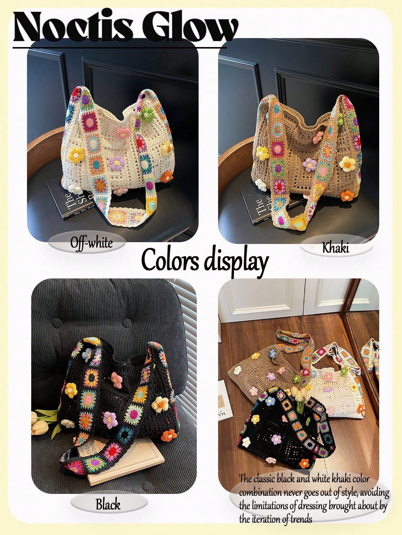 Retro Hand-Crocheted Crossbody Bag Bohemian Hollow-Out Floral Contrast Color Tote Bag Large Capacity Beach Bag Functional Boho Bag For Shopping Travel
