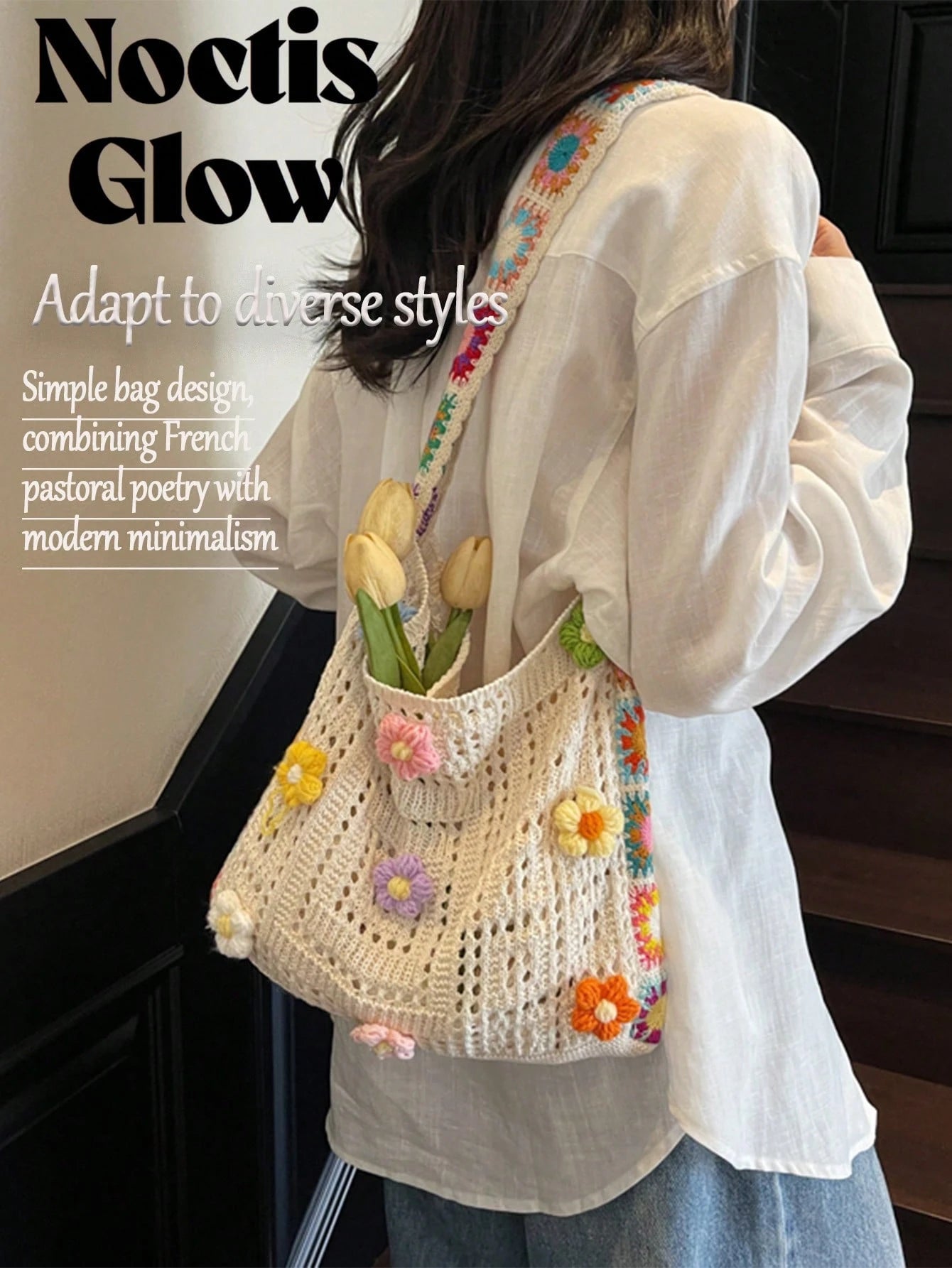 Retro Hand-Crocheted Crossbody Bag Bohemian Hollow-Out Floral Contrast Color Tote Bag Large Capacity Beach Bag Functional Boho Bag For Shopping Travel