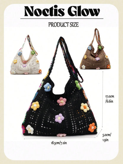 Retro Hand-Crocheted Crossbody Bag Bohemian Hollow-Out Floral Contrast Color Tote Bag Large Capacity Beach Bag Functional Boho Bag For Shopping Travel